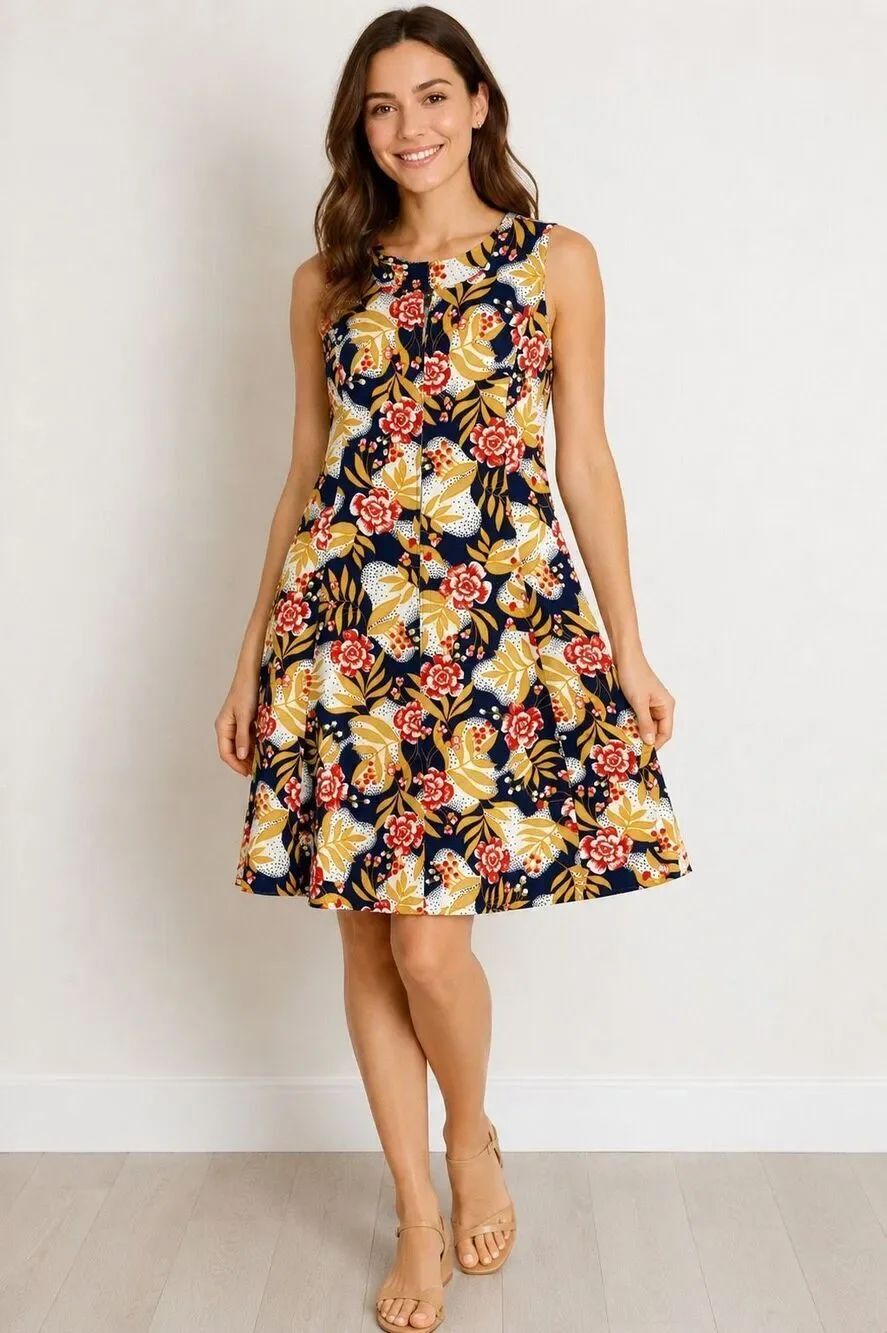 Italian Vintage Floral Cotton Blend Sleeveless A Line Dress Size M Retro